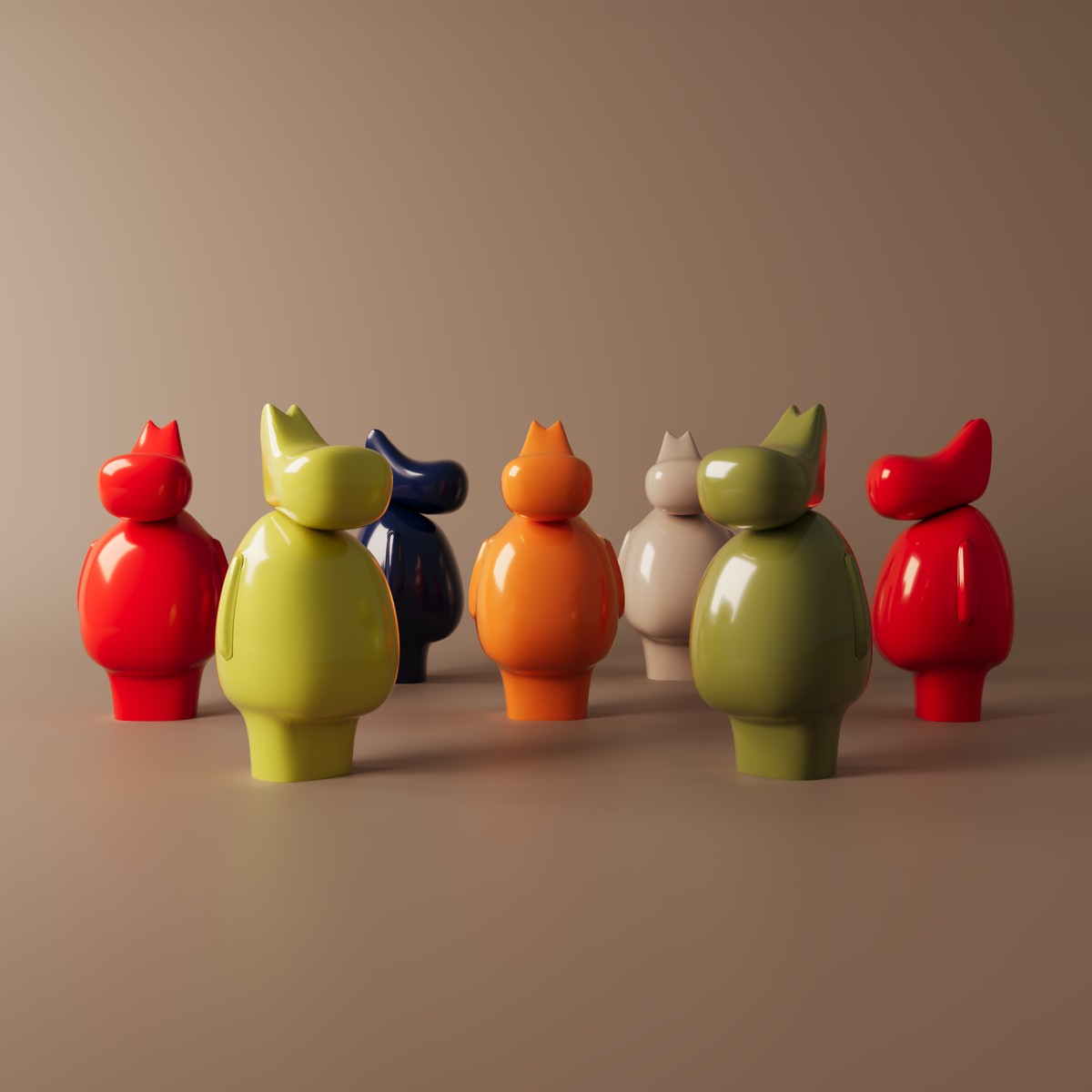 The D’HiPPO family in a line — red, green, blue, orange, sand and lime